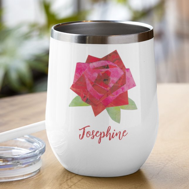 Rose rouge illustrée à la main, personnalisation u (This floral wine tumbler features my own original mid-century style bold red rose, and chic script.
)