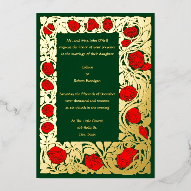 Rose Roycroft Border Wedding Folieneinladung (Vorderseite)