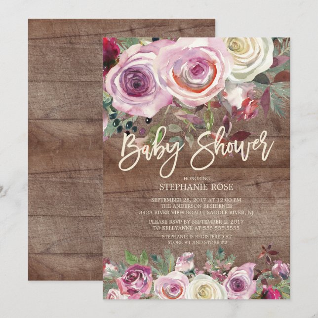 Rose Rustique violet Baby shower Floral Invitation (Devant / Derrière)