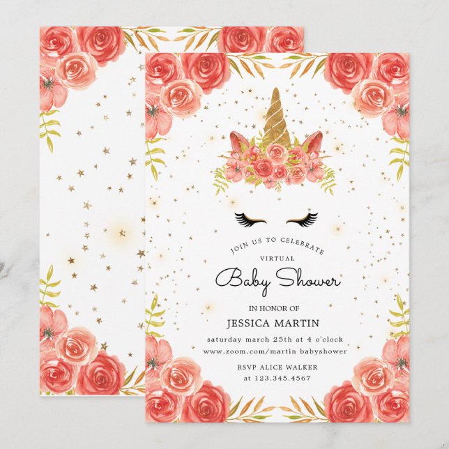 Rose, schläfrig, virtuelle Babydusche Einladung (Vorne/Hinten)
