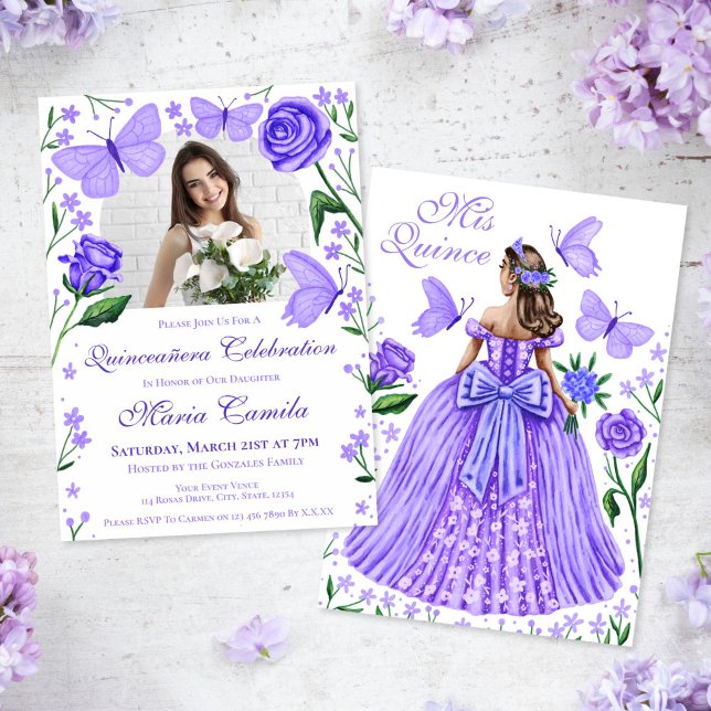 Rose + Schmetterlinge Lilac Quinceanera Foto Einladung (Roses + Butterflies Lilac Quinceanera Photo Invitation)