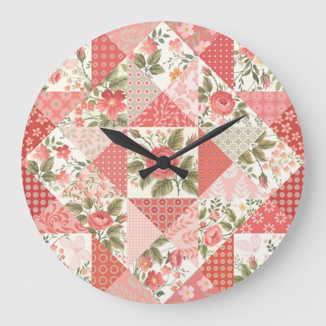 Rose Schmetterlinge Nahtlose Patchwork Große Wanduhr (Vorderseite)