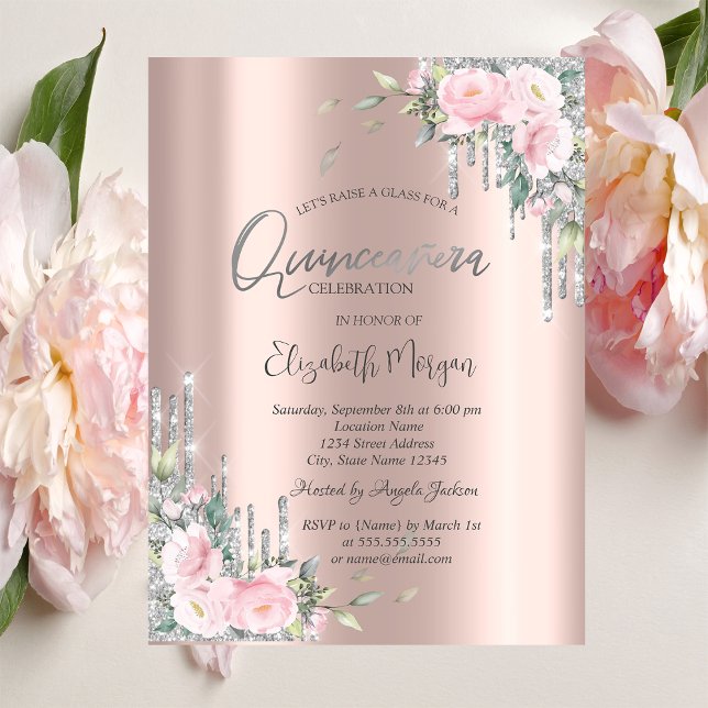 Rose, Silver Glitzer Tropfen Rose Gold Quinceañera Einladung (Von Creator hochgeladen)