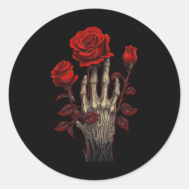 Rose Skeleton Skull Hand Rote Blume Rose 1 Runder Aufkleber (Vorderseite)
