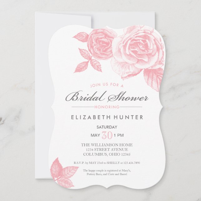 Rose Sketch Bridal Dusche Einladung in Rosa (Vorderseite)