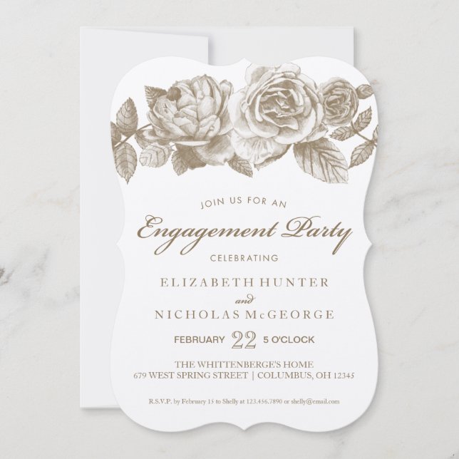Rose Sketch Engagement Party Invitation à Sepia (Devant)