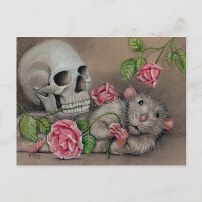 Rose Skull Postcard zeichnend Postkarte (Vorderseite)