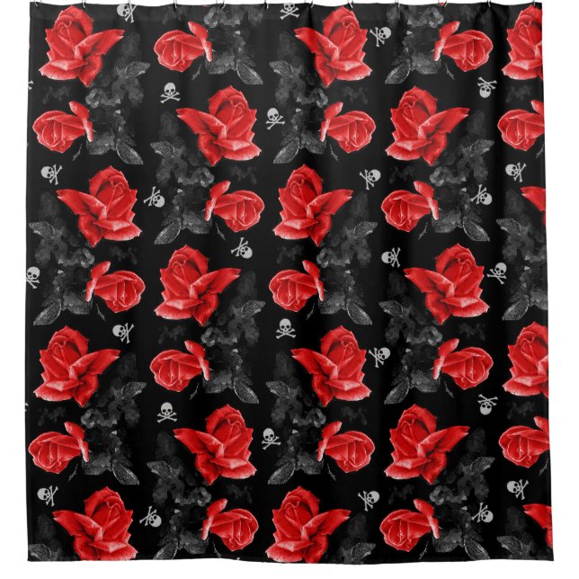 Rose Skulls Gothic Red Pattern Duschvorhang (Vorderseite)