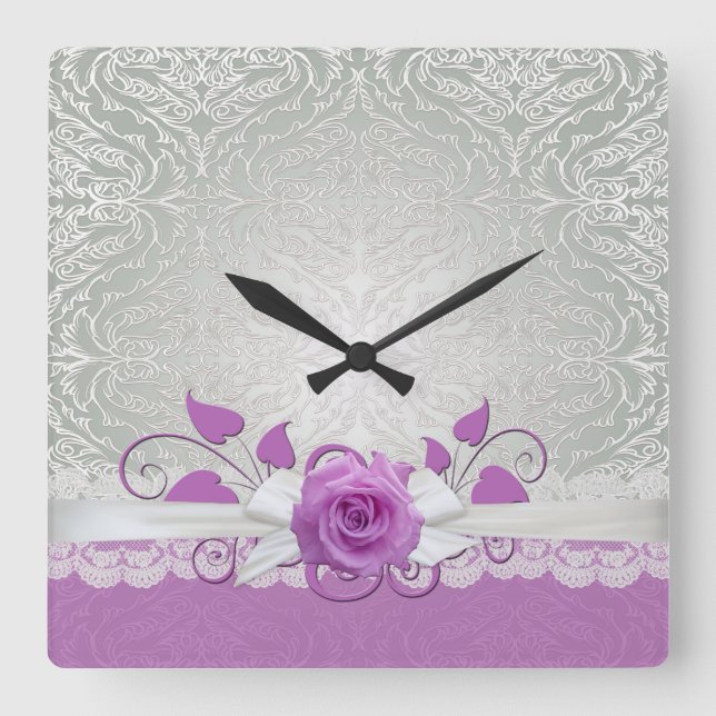 Rose Spitze Silber/Lila Damasuhr Quadratische Wanduhr (Vorderseite)