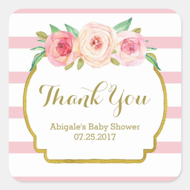 Rose Streifen Pink Blumendusche Kinderdusche Liebe Quadratischer Aufkleber (Vorderseite)
