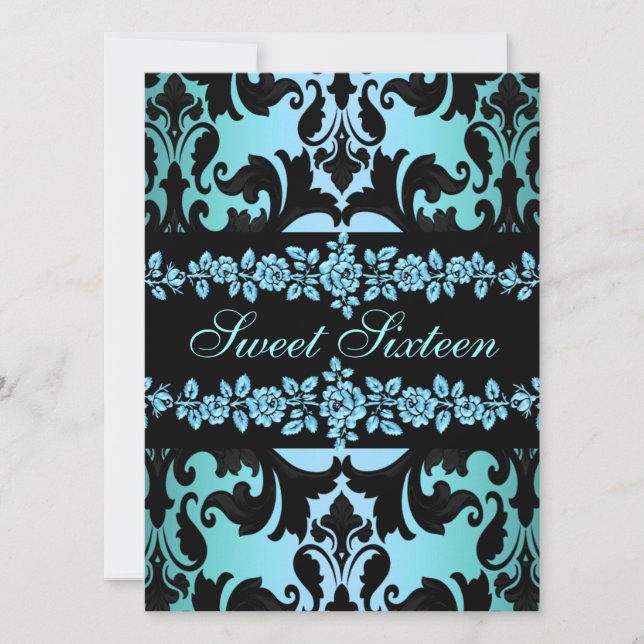 Rose Sweet16 Damask Blue Birthday Einladung (Vorderseite)