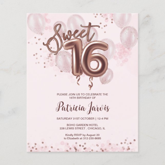 Rose Sweet 16 Bday Balloons Haushaltseinladungen (Vorderseite)