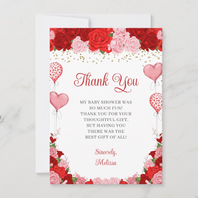 Rose Sweetheart Balloon Valentine Girl Babydusche Dankeskarte (Vorderseite)