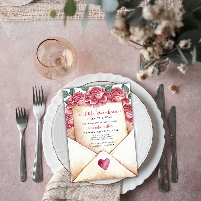 Rose Sweetheart Letter Valentine Baby Dusche Einladung (Rose Sweetheart Letter Valentine Baby Shower Invitation)