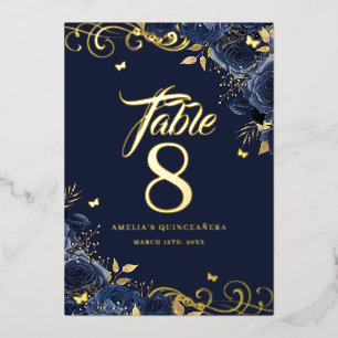 Rose Swirl Navy Quinceanera Gold Tischnummer