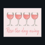 Rosé The Day Away Rosa Rose Glass Wein Lover Postkarte<br><div class="desc">Das Design zeigt eine originelle Marker-Illustration eines rosa Rosengarns mit "Rosé the day away" in einem lustigen Schriftart. Günstig als Geschenk für jeden Weinliebhaber! Sehen Sie nicht,  wonach Sie suchen? Brauchen Sie Hilfe bei der Anpassung? Kontaktieren Sie Rebecca,  um etwas für Sie entworfen zu haben.</div>