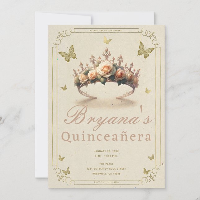 Rose Tiara & Gold Butterfliegen Quinceañera Einladung (Vorderseite)