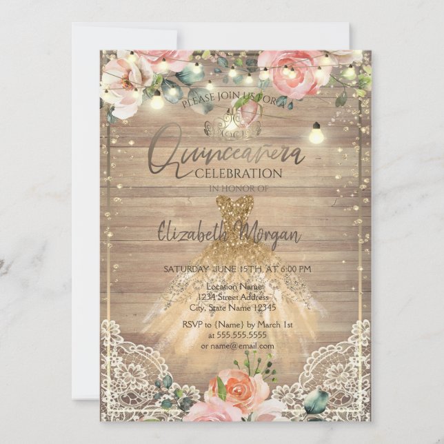 Rose, Tiara, Lichter, Holzkleidung Quinceañera Einladung (Vorderseite)