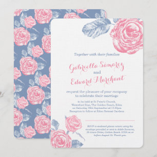 Rose Tintenskizze blau rosa Hochzeitsporträt einla Einladung