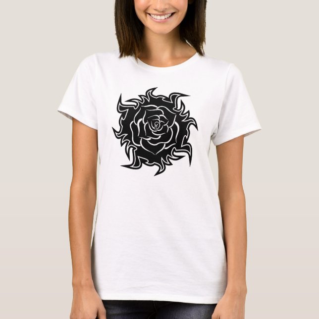 Rose tribal en T-shirt noir et blanc (Devant)