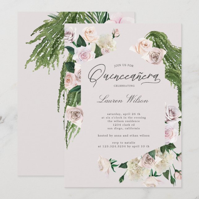 Rose Tropenblüte Quinceanera Einladung (Vorne/Hinten)