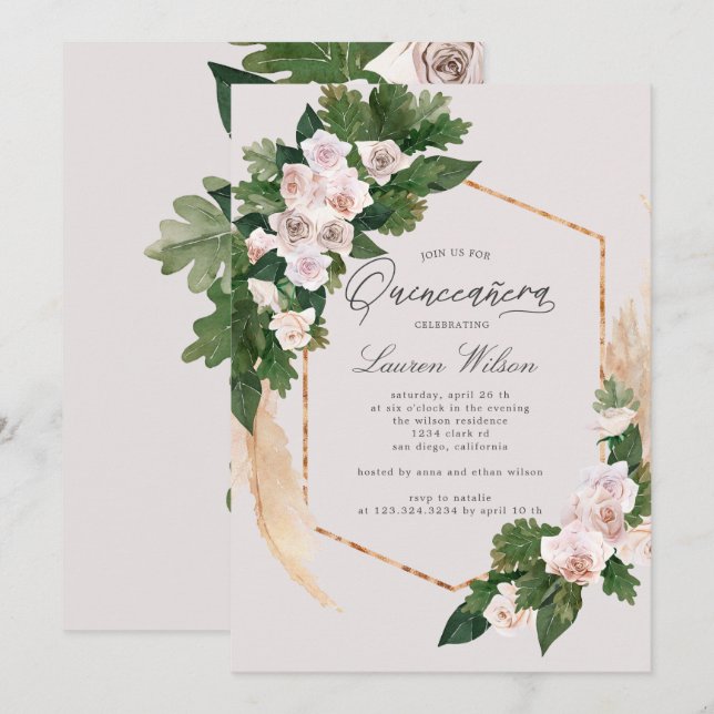 Rose Tropenblüte Quinceanera Einladung (Vorne/Hinten)