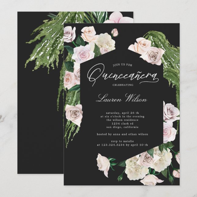Rose Tropenblüte Quinceanera Einladung (Vorne/Hinten)
