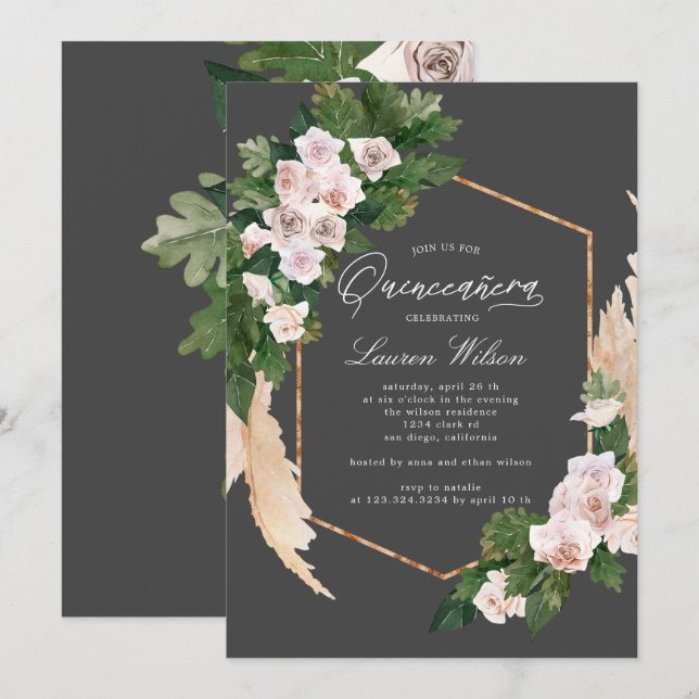Rose Tropenblüte Quinceanera Einladung (Vorne/Hinten)