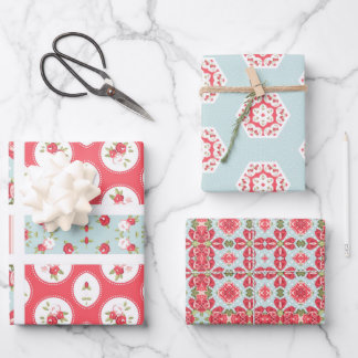 Rose und Aqua-Flickwerk Design Geschenkverpackung Geschenkpapier Set