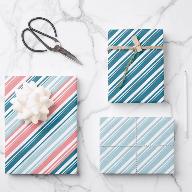 Rose und Aquamarin 2 Candy Cane Strip Urlaub Geschenkpapier Set (Vorderseite)