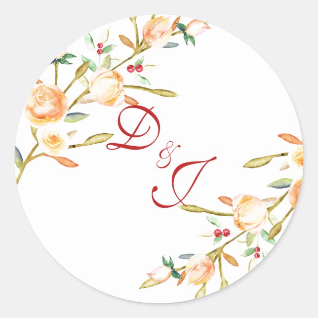 Rose und Berry Watercolor Stems Wedding Runder Aufkleber (Vorderseite)