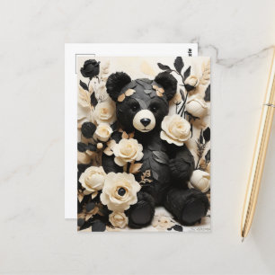 Rose und Blätter aus Papier & Schwarzer Bär Postkarte