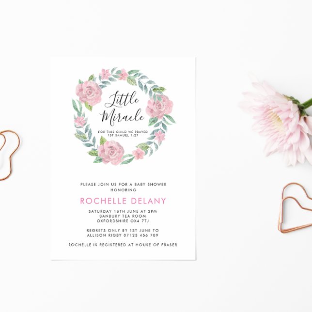 Rose und Blätter Wreath Little Miracle Babydusche Einladung (Von Creator hochgeladen)