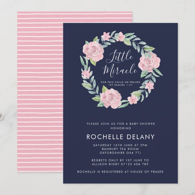 Rose und Blätter Wreath Little Miracle Babydusche Einladung (Vorne/Hinten)