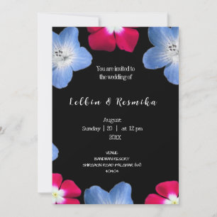 Rose und blaue Blume in Schwarz Einladung