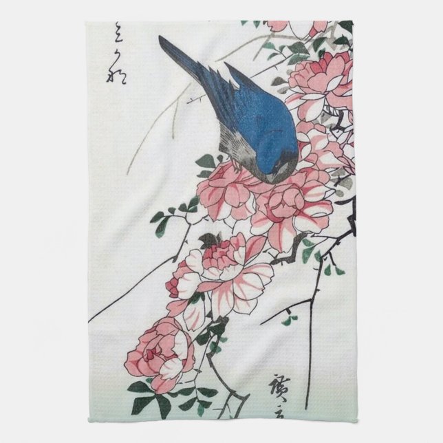 Rose und Blauer Vogel, Hiroshige, Ukiyo-e Geschirrtuch (Vertikal)