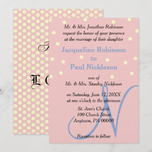 Rose und blaues Monogramm Hochzeit Polka Punkte Einladung