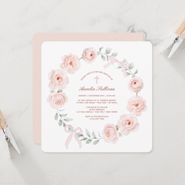 Rose und Bows Wreath Baptisse Einladung (Vorderseite/Rückseite Beispiel)