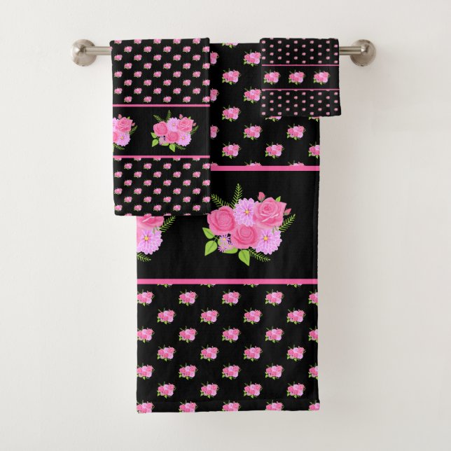 Rose und Dahlias Black Badhandtuch Set (Insitu)
