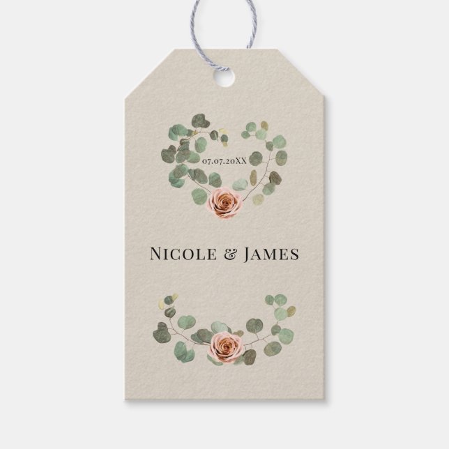 Rose und Eukalyptus Herz Rustikale Hochzeit Geschenkanhänger (Vorderseite)