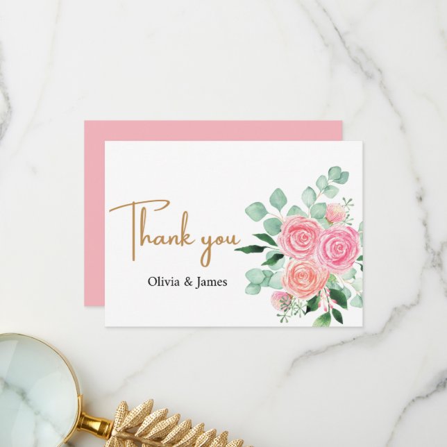 Rose und Eukalyptus Wedding Dankeskarte (Vorderseite/Rückseite Beispiel)