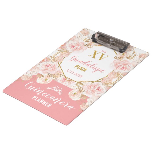 Rose und Glitzer Quinceañera Klemmbrett (Schrägansicht)