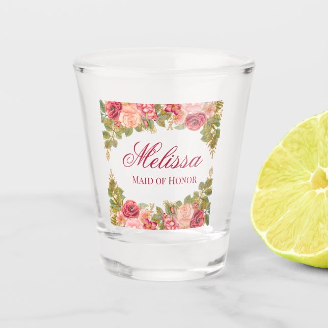 Rose und Glitzer Trauzeugin Schnapsglas (Vorderseite)