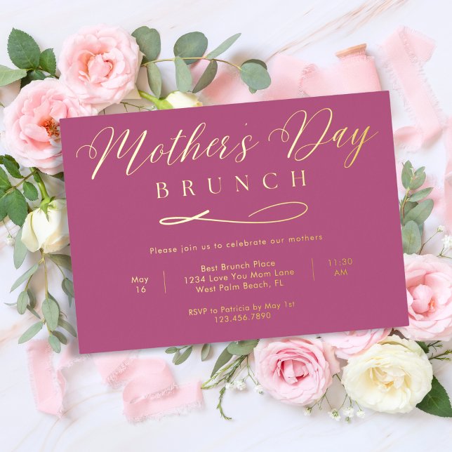 Rose und Gold Einfache Script-Muttertag Brunch Folieneinladung (Von Creator hochgeladen)