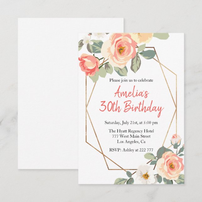 Rose und Goldrahmen zum Geburtstag Einladung (Vorne/Hinten)