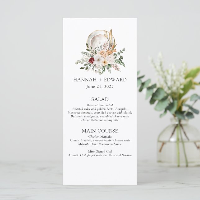 Rose und Grünanlagen Einfache Hochzeit Menükarte (Stehend Vorderseite)