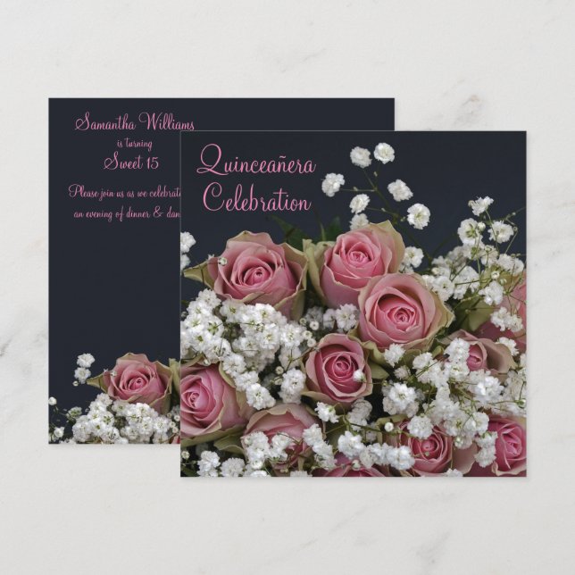 Rose und Gypsophila Bouquet Quinceañera Einladung (Vorne/Hinten)