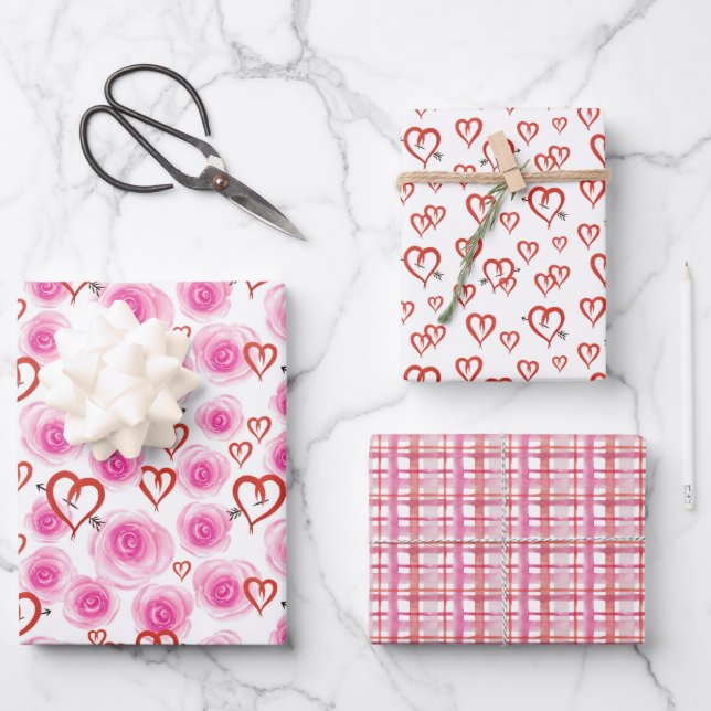 Rose und Herz Gemustert Geschenkpapier Set (Vorderseite)