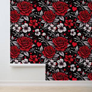 Rose und Herz in Rot, Schwarz und Weiß Tapete