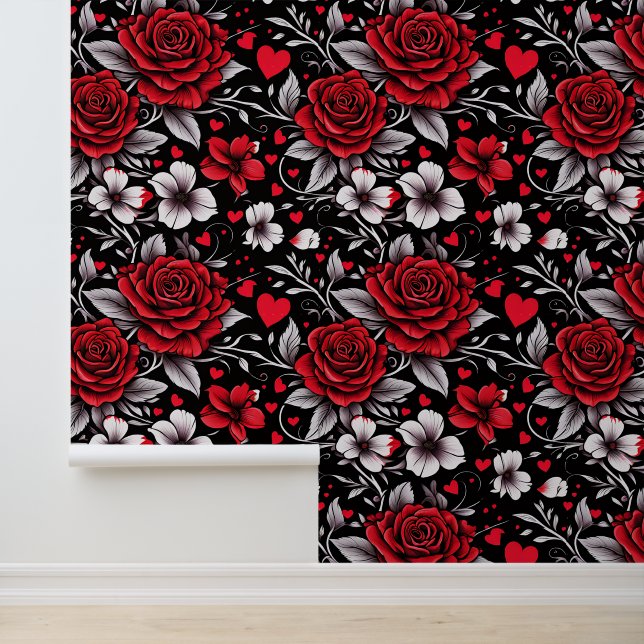Rose und Herz in Rot, Schwarz und Weiß Tapete (Anwendung)
